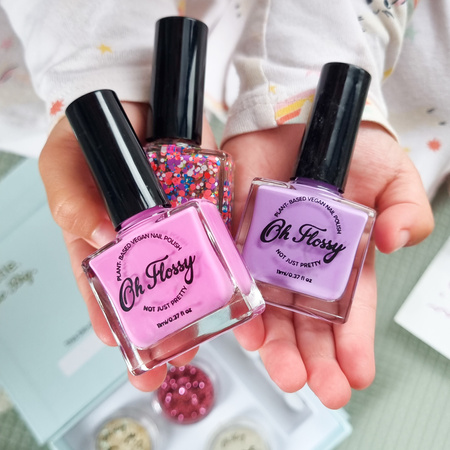 Oh Flossy, Zestaw 3 lakierów do paznokci PARTY 3 x 12 ml, bio brokat, roślinna formuła 