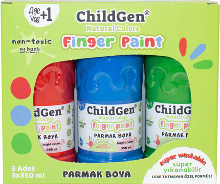 ChildGen, Łatwo zmywalne farby do malowania palcami, NIEBIESKA CZERWONA ZIELONA, 3x 350ml w butelce