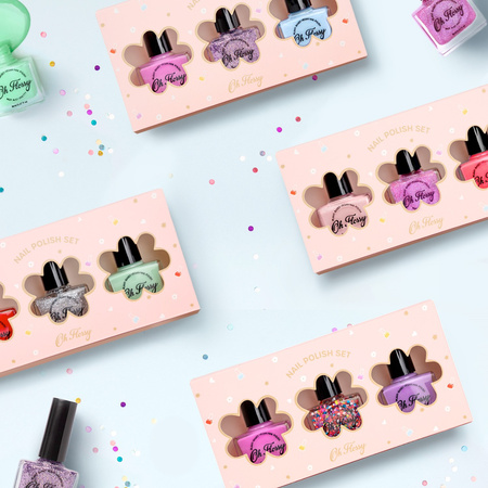 Oh Flossy, Zestaw 3 lakierów do paznokci PARTY 3 x 12 ml, bio brokat, roślinna formuła 