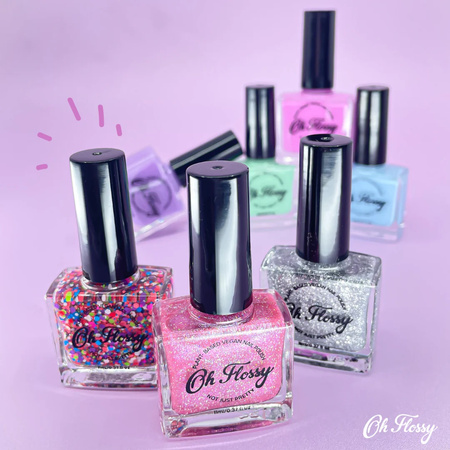 Oh Flossy, Lakier do paznokci Kremowy błękit, 12 ml, bio brokat, roślinna formuła 