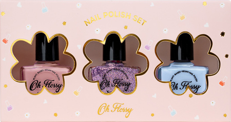 Oh Flossy, Zestaw 3 lakierów do paznokci STORYTIME 3 x 12 ml, bio brokat, roślinna formuła 