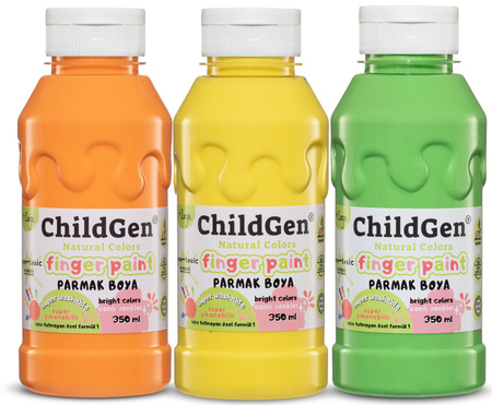 ChildGen, Łatwo zmywalne farby do malowania palcami, NEONOWE, POMARAŃCZOWA, ZIELONA, ŻÓŁTA, 3x 350ml w butelce