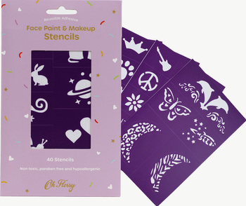 Oh Flossy, Kolorowe szablony do malowania twarzy wielokrotnego użytku – fioletowy zestaw (6 arkuszy)